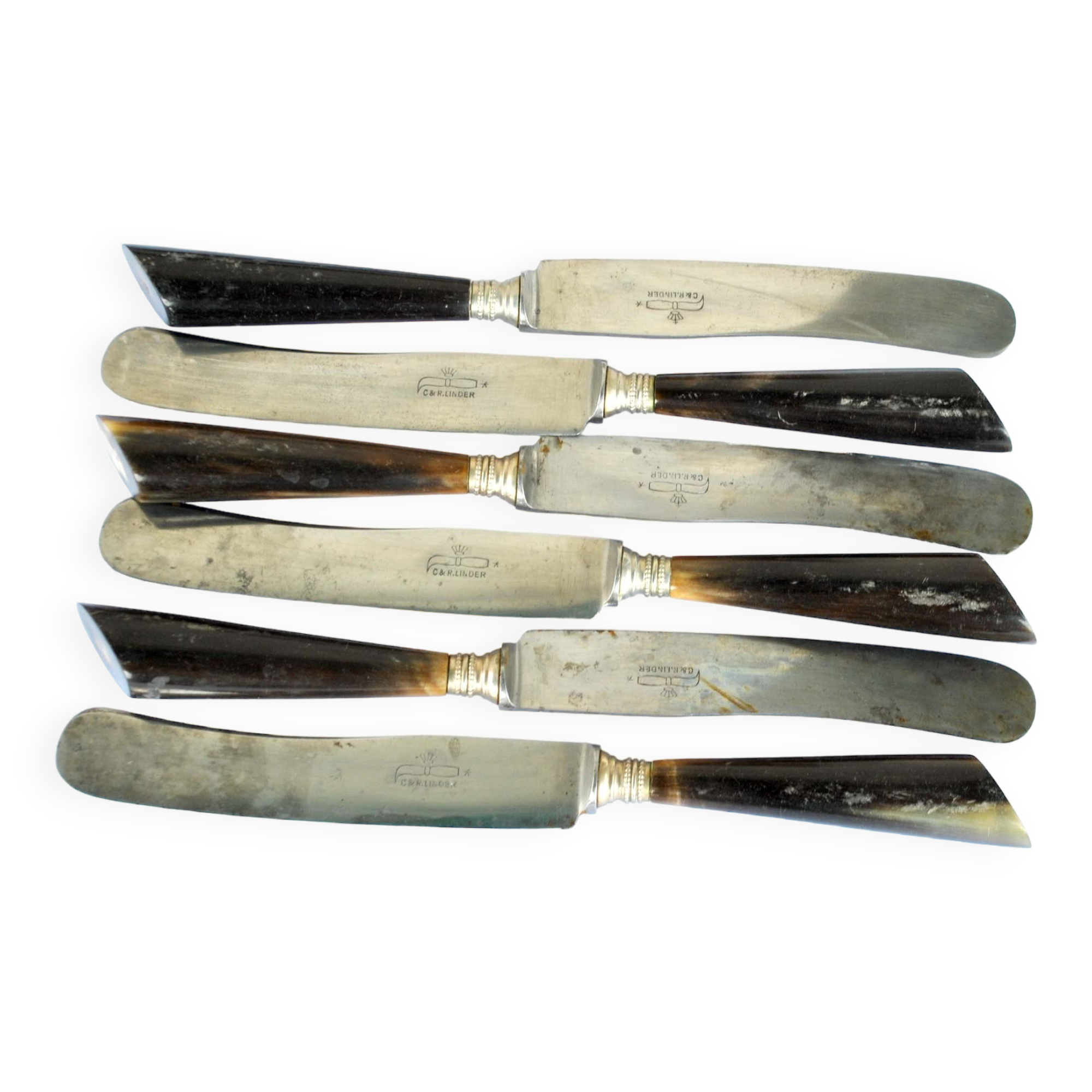 Set of 6 old table knives in horn and steel signed Linder