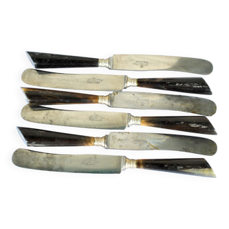 Set of 6 old table knives in horn and steel signed Linder