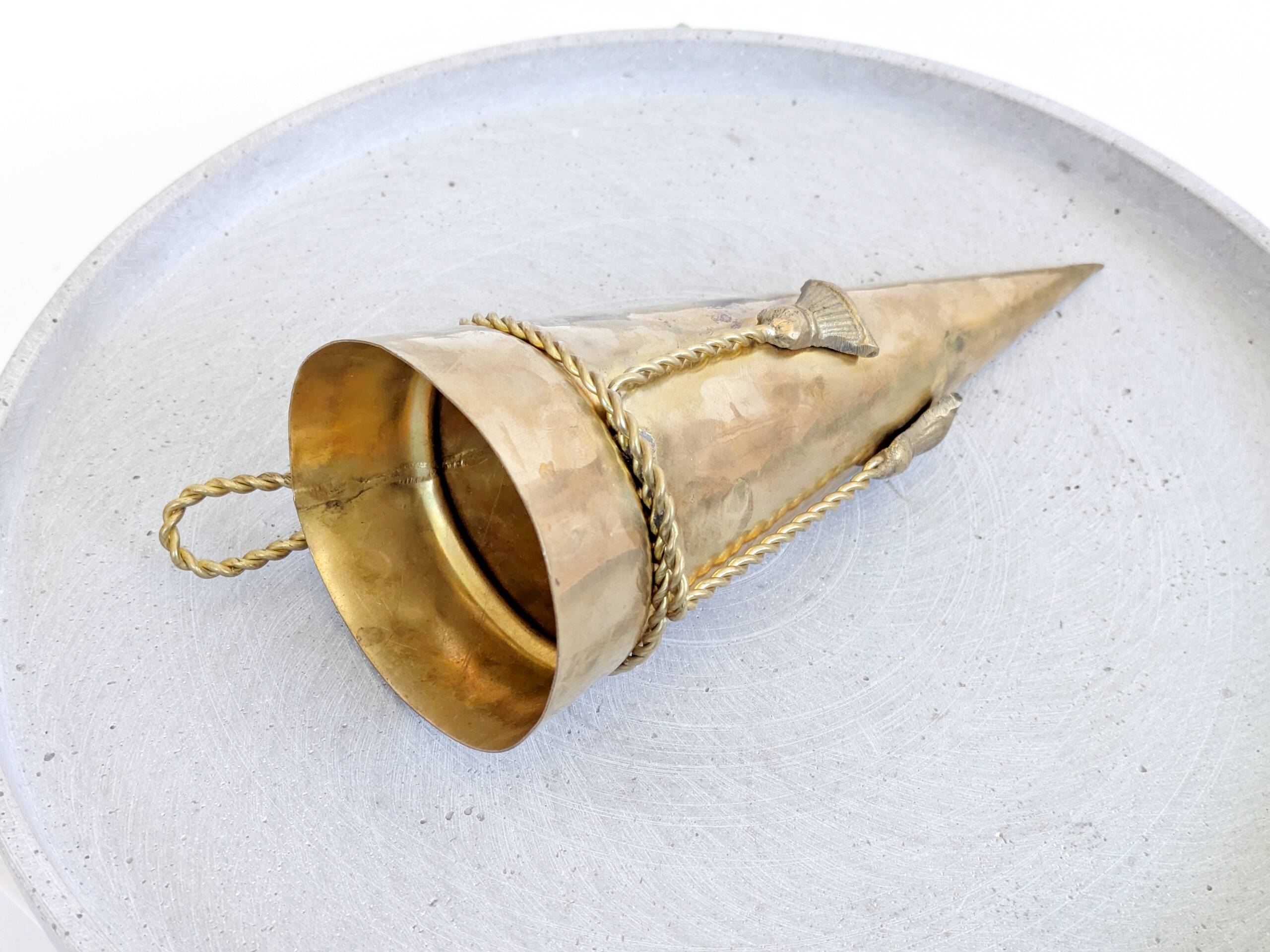 Vintage Brass Wall Cornet Vase Twisted Cord Pompons Bouquet Holder