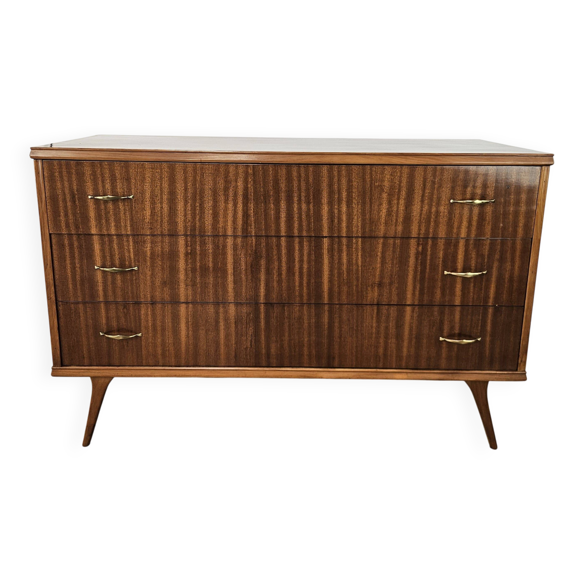 1950s chest of drawers covered in walnut with brass handles