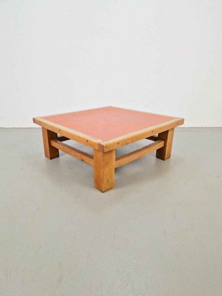 Brutalist Oak Coffee Table with Terracotta Tiles, 1950s