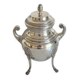 Ravinet d’Enfert silver-plated sugar bowl resting on 4 claw feet, Emp-style palmette motif