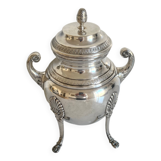 Ravinet d'Enfert silver-plated sugar bowl resting on 4 claw feet, Emp-style palmette motif