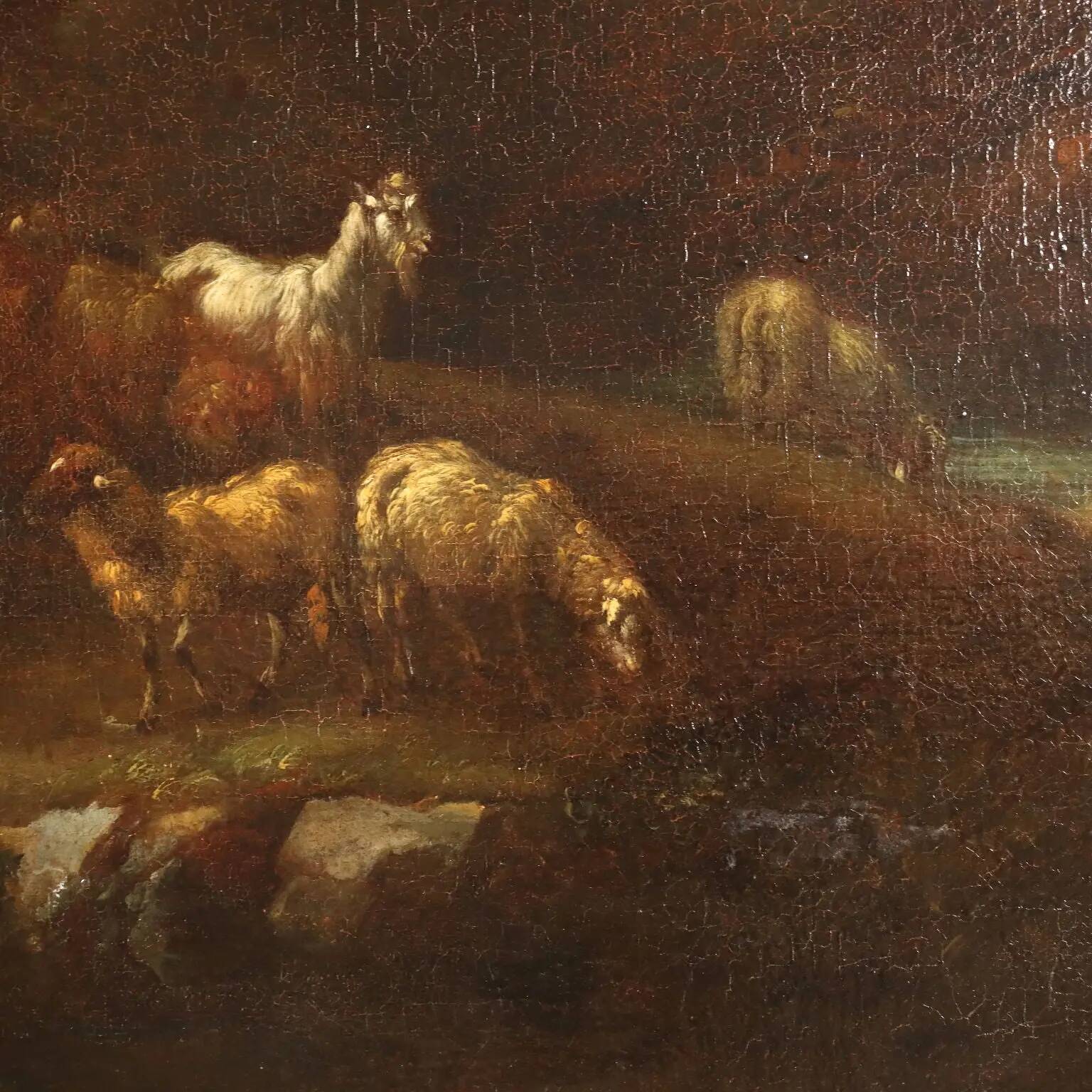 Landscape painting with figures and herds, oil on canvas, 18th century.
