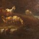 Landscape painting with figures and herds, oil on canvas, 18th century.
