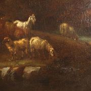 Landscape painting with figures and herds, oil on canvas, 18th century.