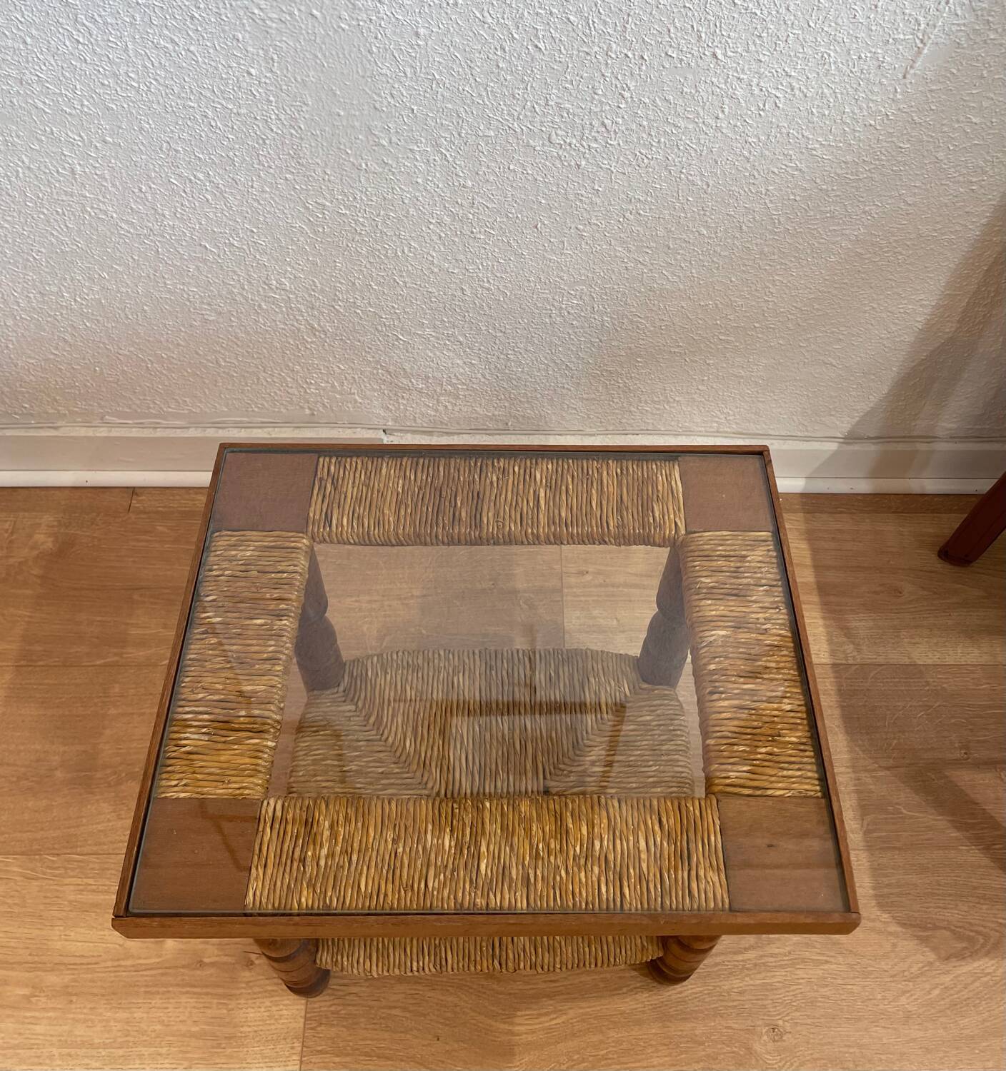 Wood, straw and glass side table, circa 1950