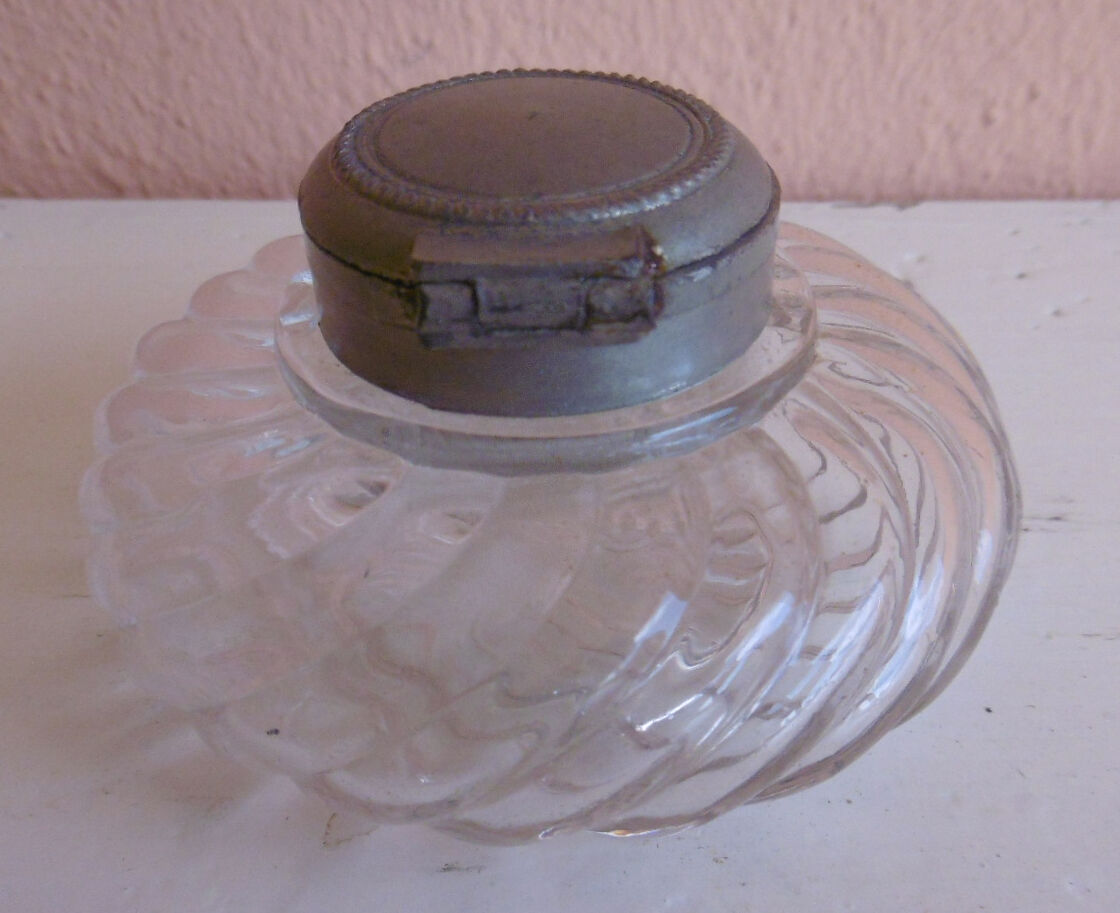 Old spiral glass inkwell with metal cabochon early XXth century