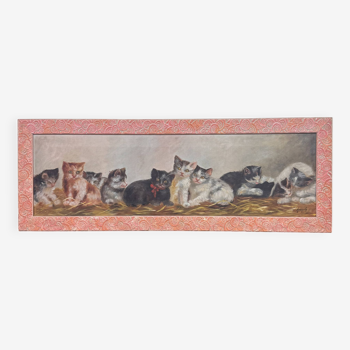 école Française début XXe : grande huile sur toile en fresque vers 1930 /scène animée de chatons