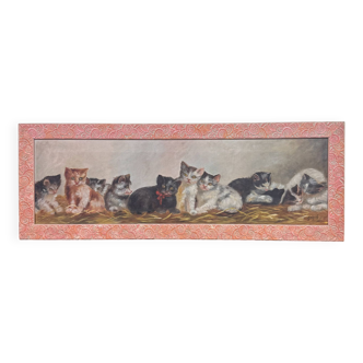 French school at the beginning of the 20th century: large oil on canvas fresco around 1930 / animated scene of kittens
