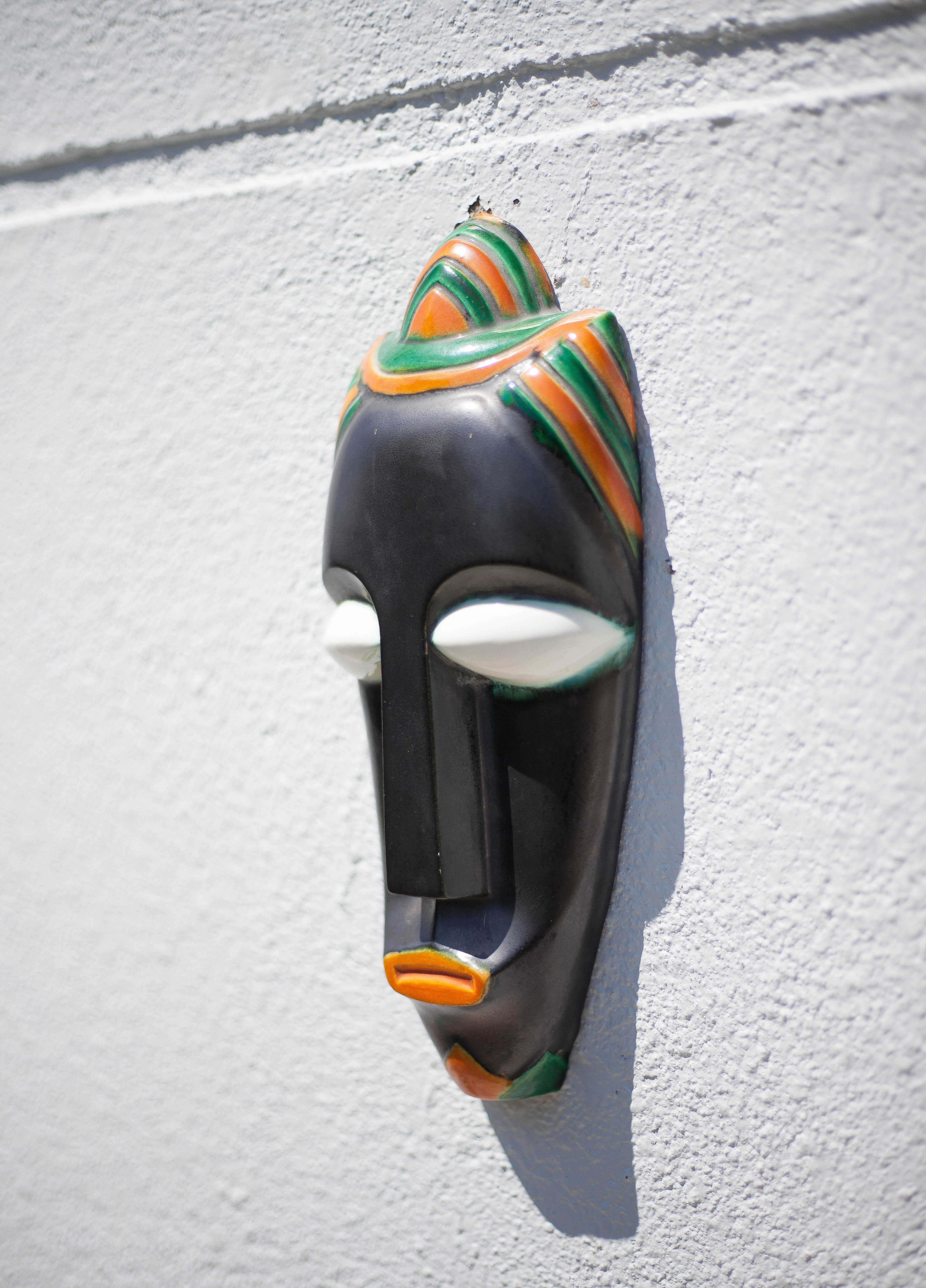 African polychrome faience mask from the Claude Tabet workshop, wall decoration, 50/60's