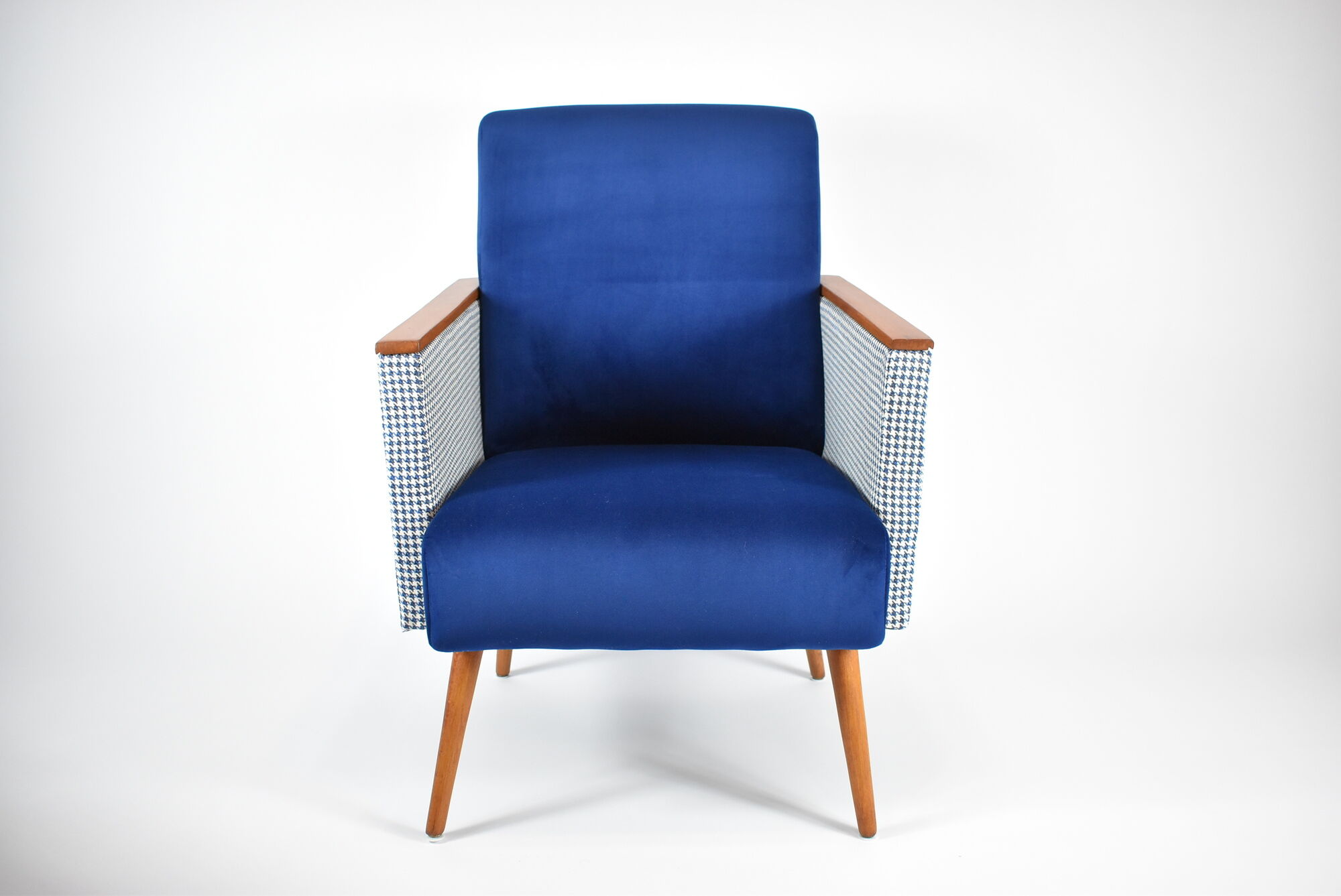 Vintage armchair 60s, DDR, renovation, velvet, houndstooth, blue