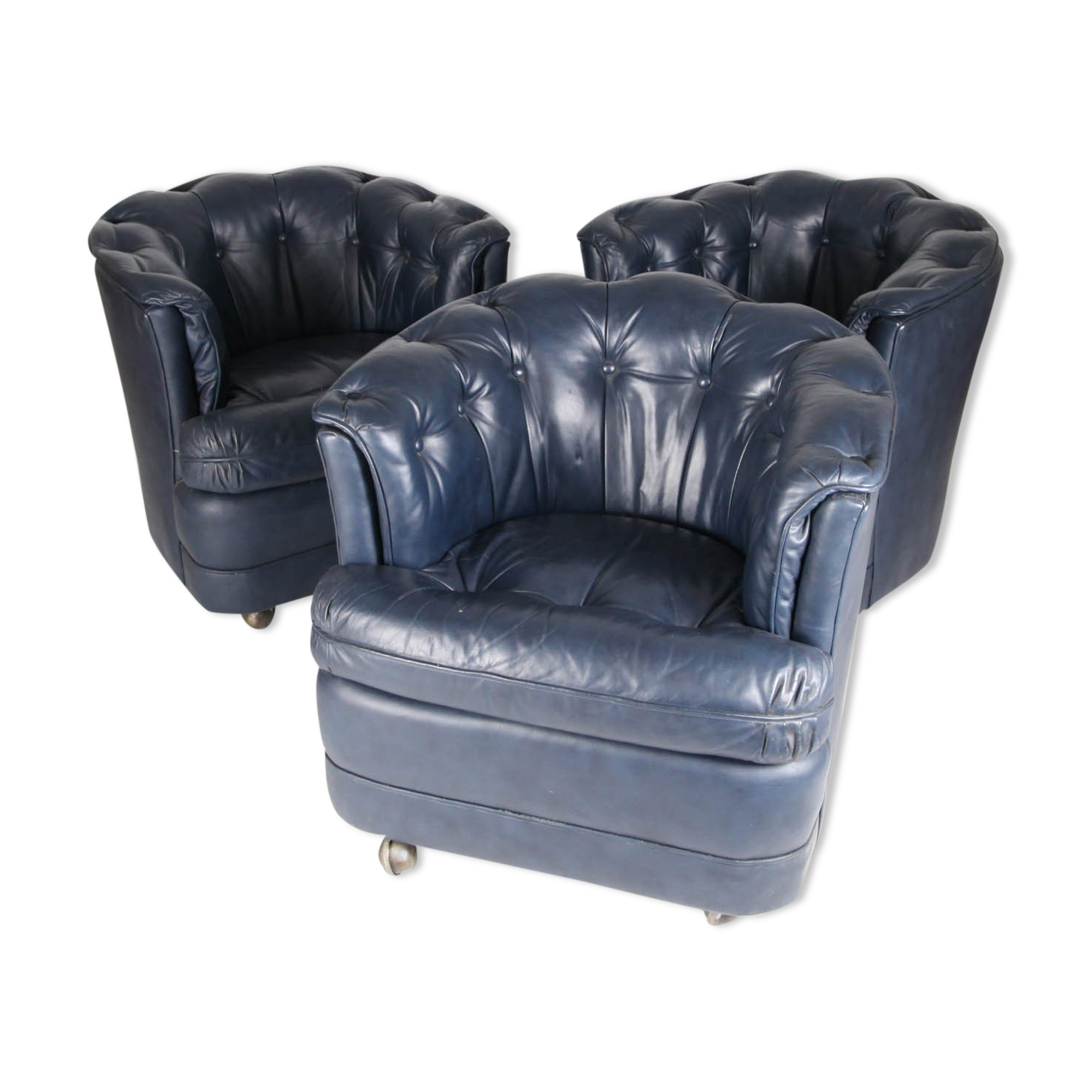 Suite of 3 small armchairs in midnight blue leather with castors