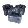 Suite of 3 small armchairs in midnight blue leather with castors