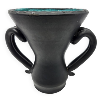 Jean Austruy Black Ceramic Ear Vase French 1950s Vintage