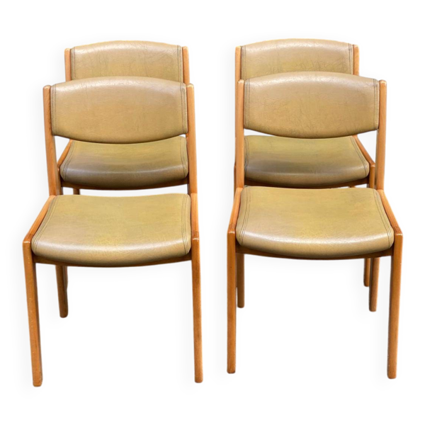 4 chaises Scandinaves Baumann bois massif et cuir beige 1960 — Beyit