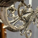 Large, rare antique chandelier in solid silver-plated bronze, Empire style, 12 light points.