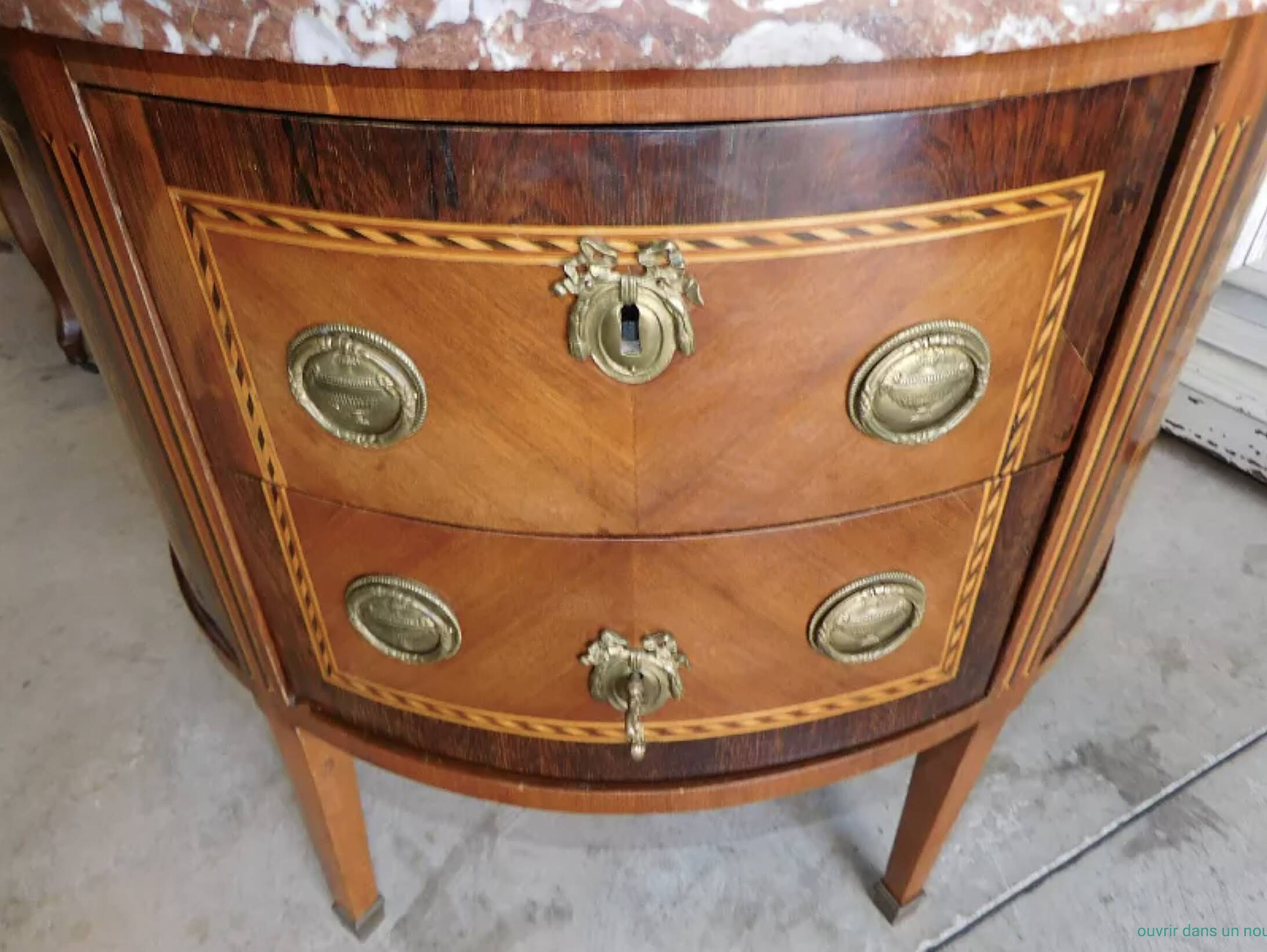 Chest of drawers half moon marquetry 2 drawers marble top late nineteenth century