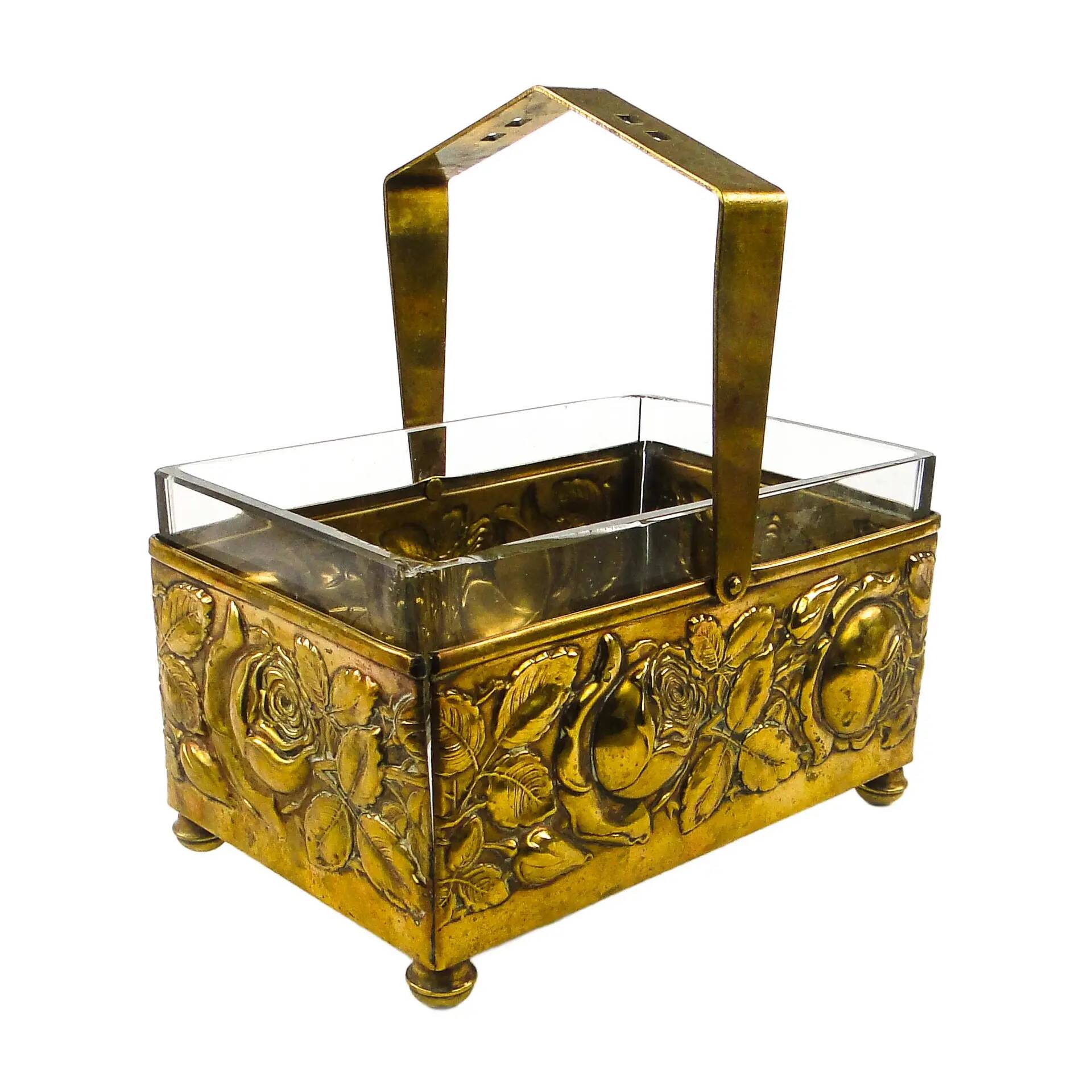 Panier à noix et fruits Art Déco, en laiton, cristal, Allemagne, années 1930