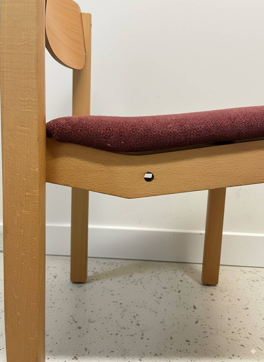 Scandinavian style oak and burgundy chair without armrests