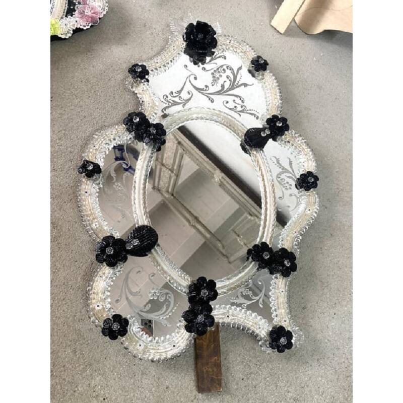 Venetian Black Floreal Hand-Carving Mirror in Murano Glass Style