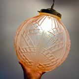 Vintage art deco globe pendant light in pink frosted glass