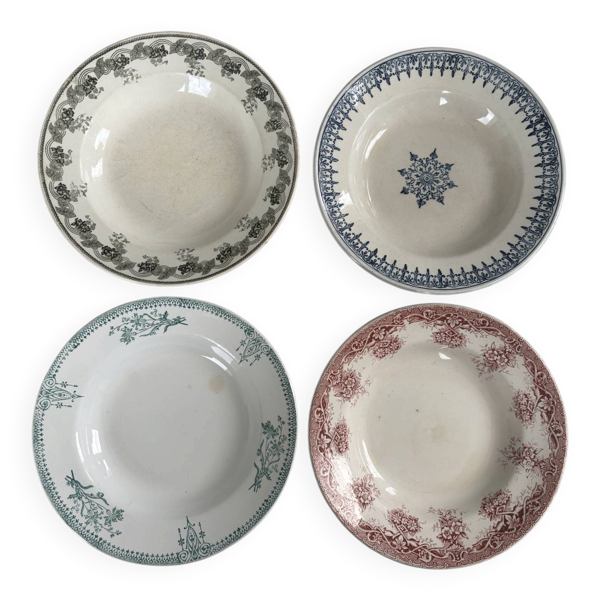 4 assiettes creuses en terre de fer rose, bleu et vert