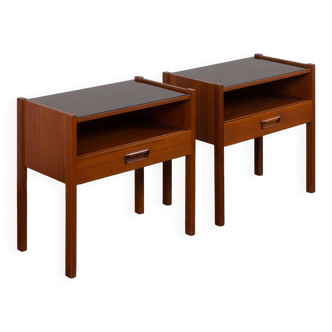 Pair of Italian mid century teak nightstands with glass top, 1960s