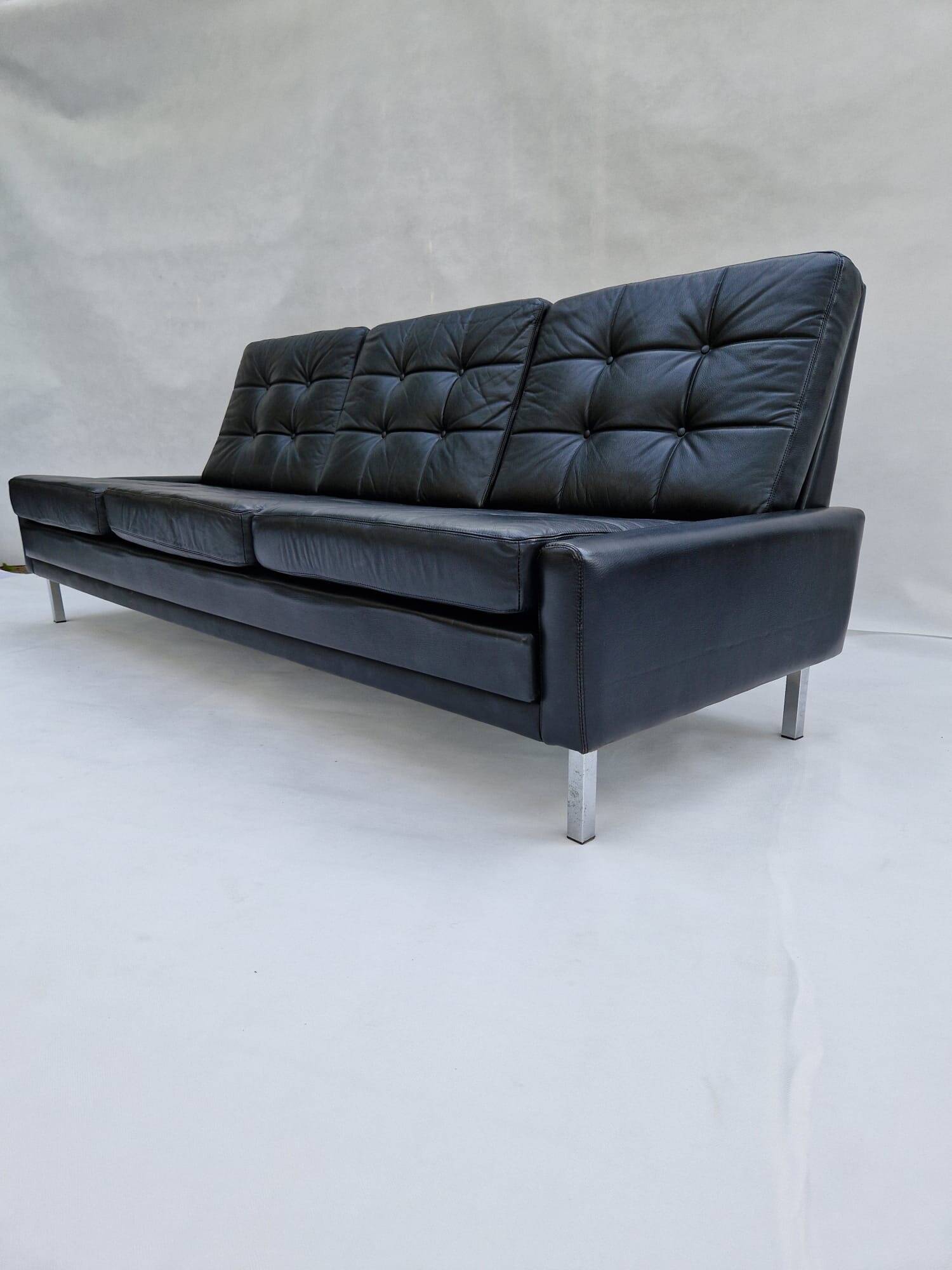 Canapé 3 places, vintage, chrome, cuir noir, Danemark, années 1960