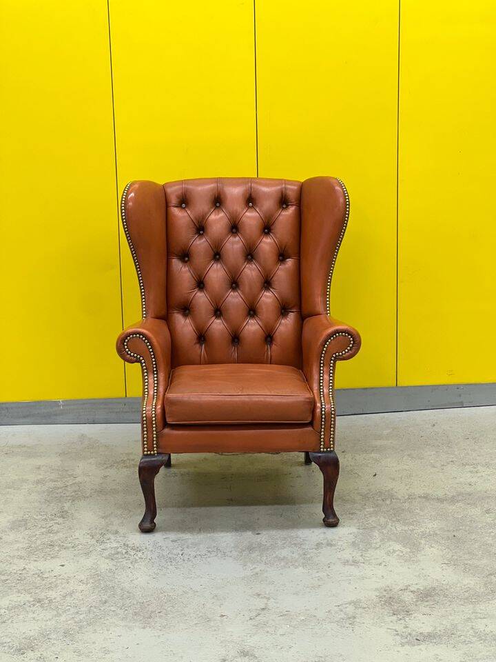 Fauteuil Chesterfield en cuir marron clair vintage