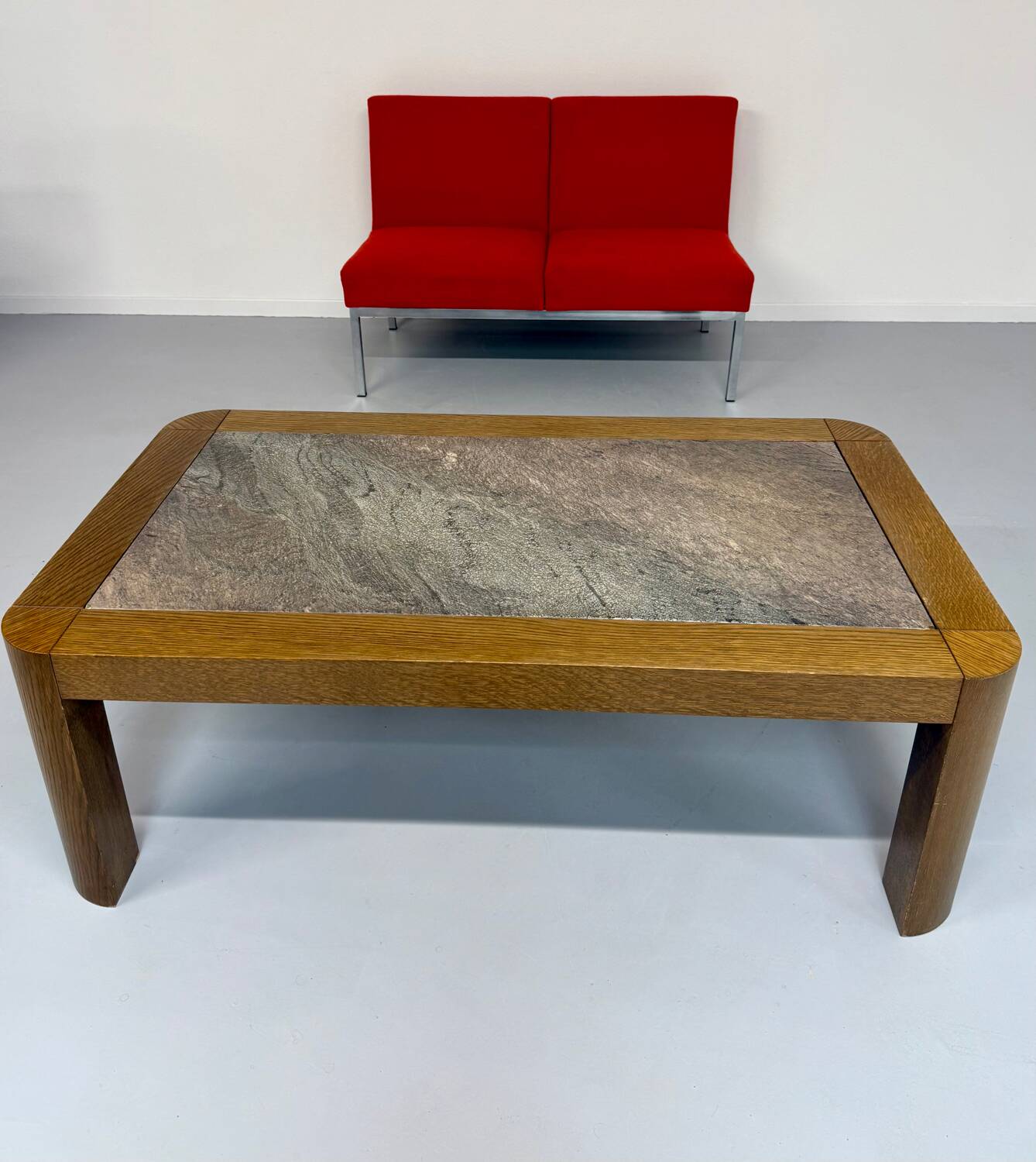 Old coffee table in wood and granite stone, vintage design from the 70s