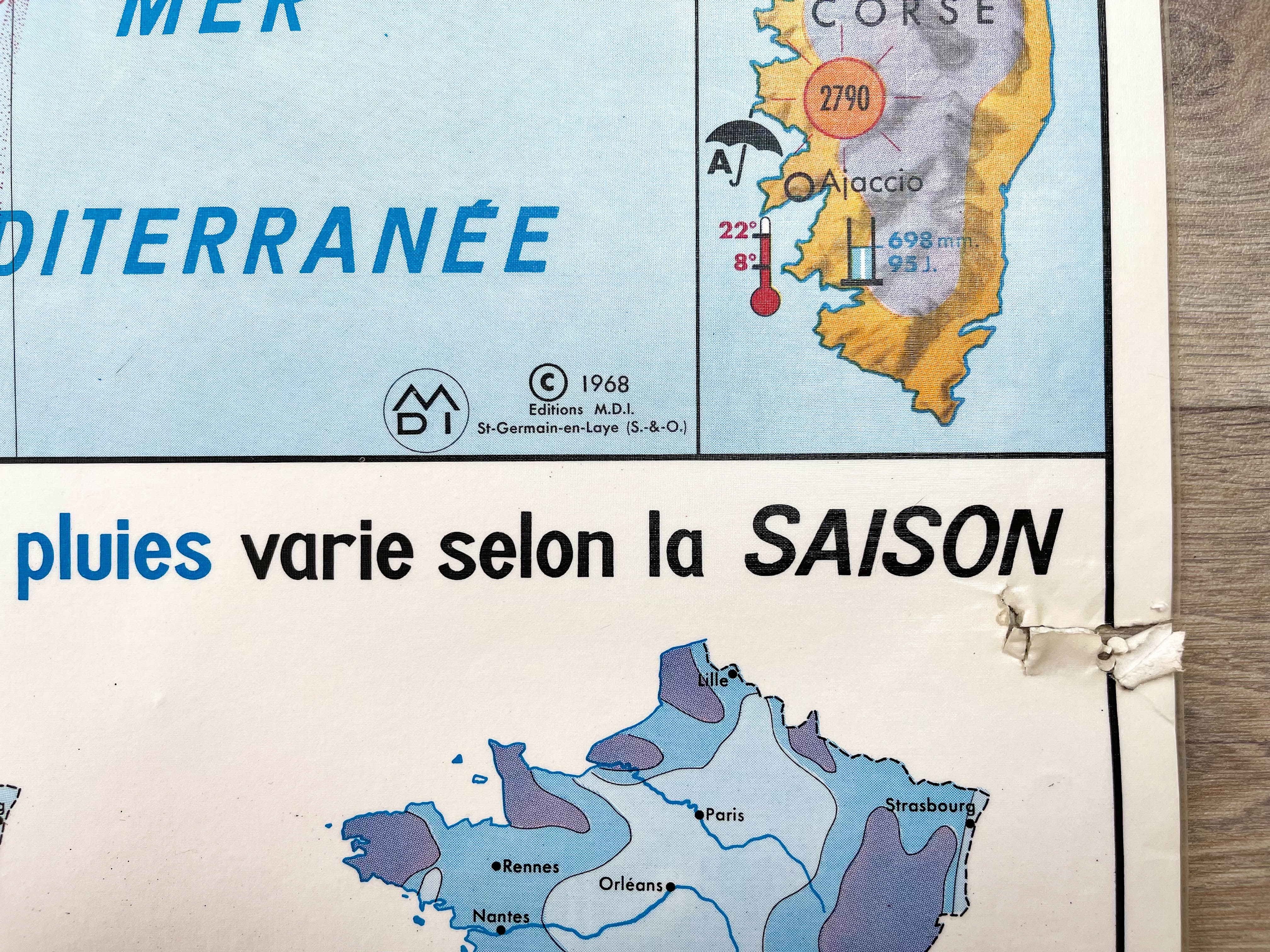 Carte scolaire vintage france climat mdi année 1968