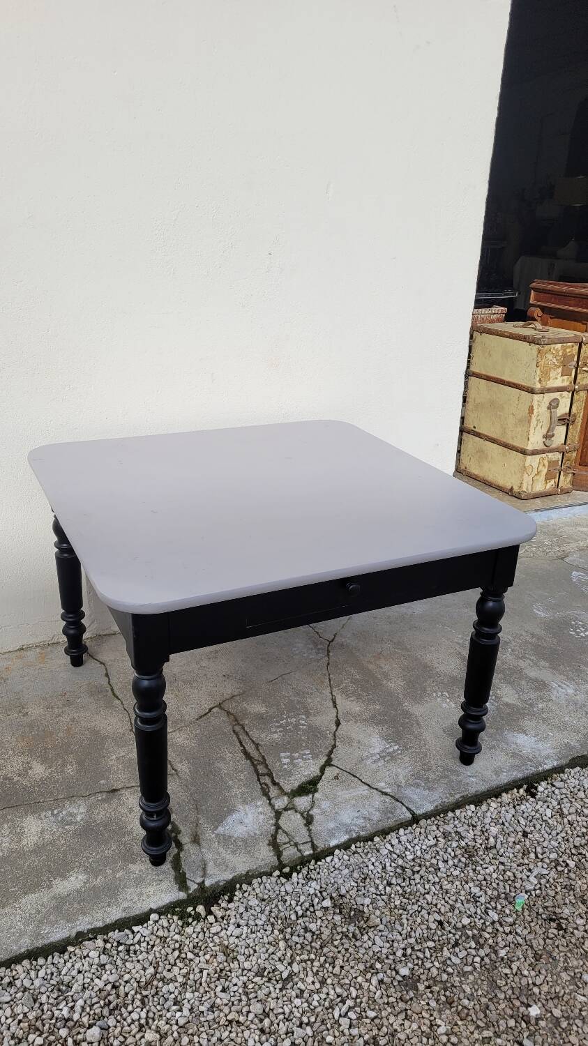 Antique patinated bistro farmhouse table, one drawer