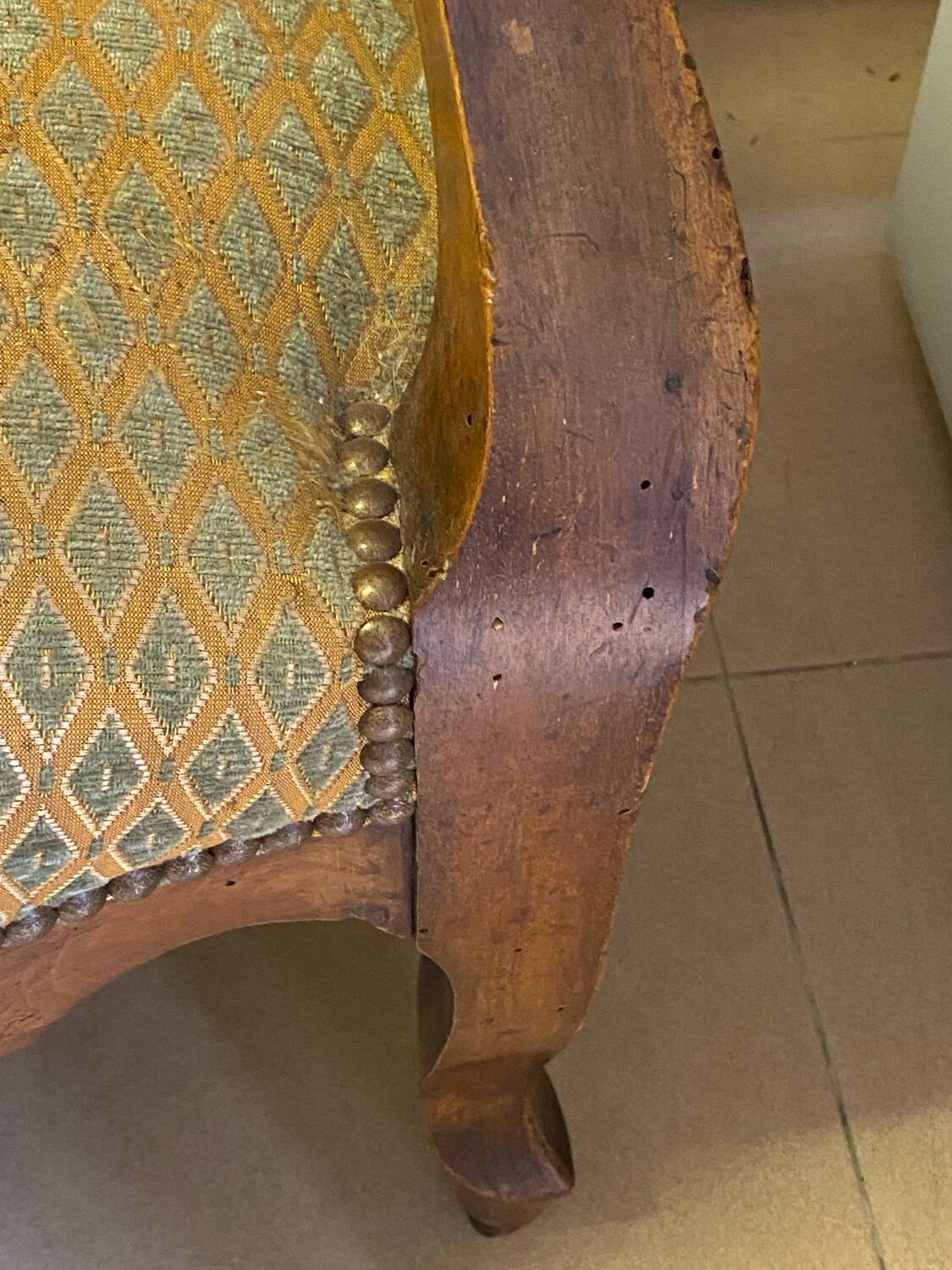 Two Louis XV style wooden and fabric armchairs