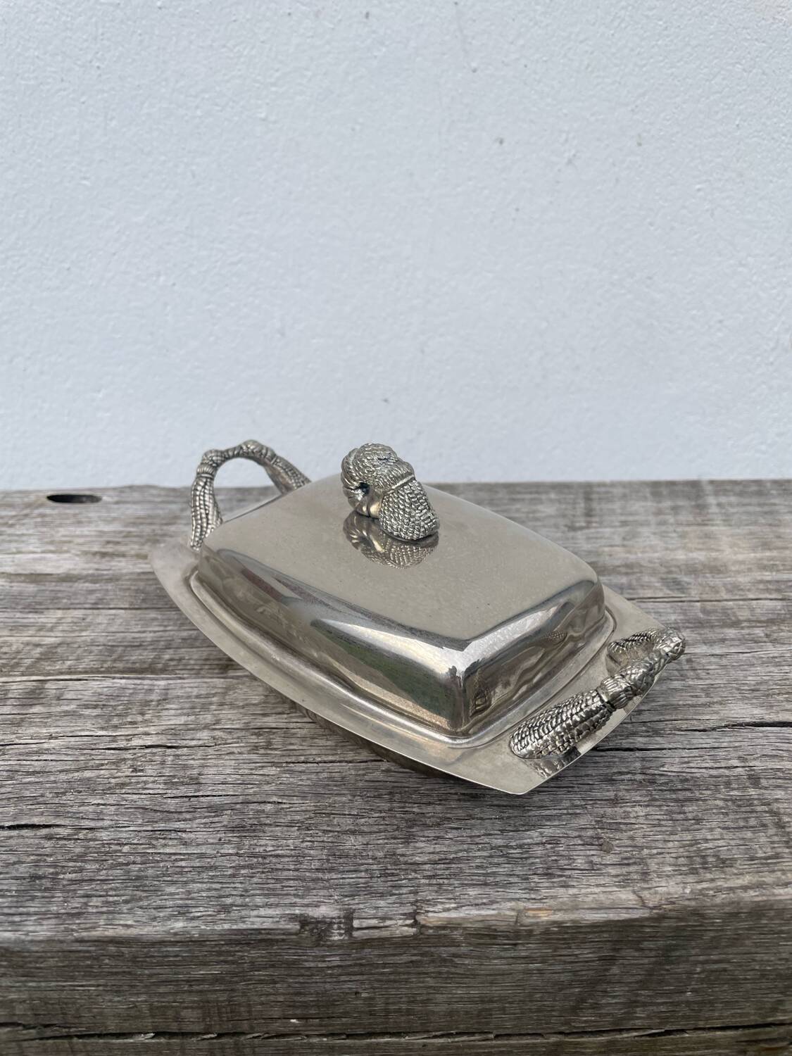 Silver metal pompom butter dish