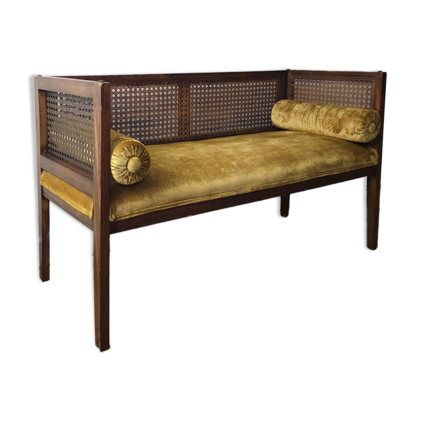 Vintage bench in cane and mustard yellow velvet