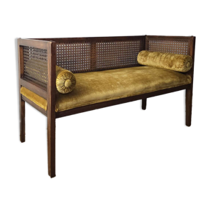 Anquette vintage en cannage - velours jaune