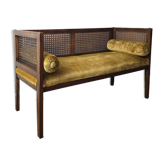 Vintage bench in cane and mustard yellow velvet