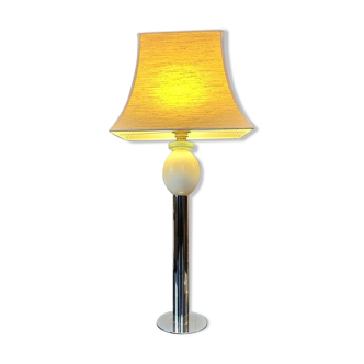 Vintage table lamp - chrome glass metal, ostrich egg and pagoda lampshade