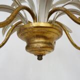 Lustre vintage 3 feux en métal blanc et doré vieilli, feuilles de palmier