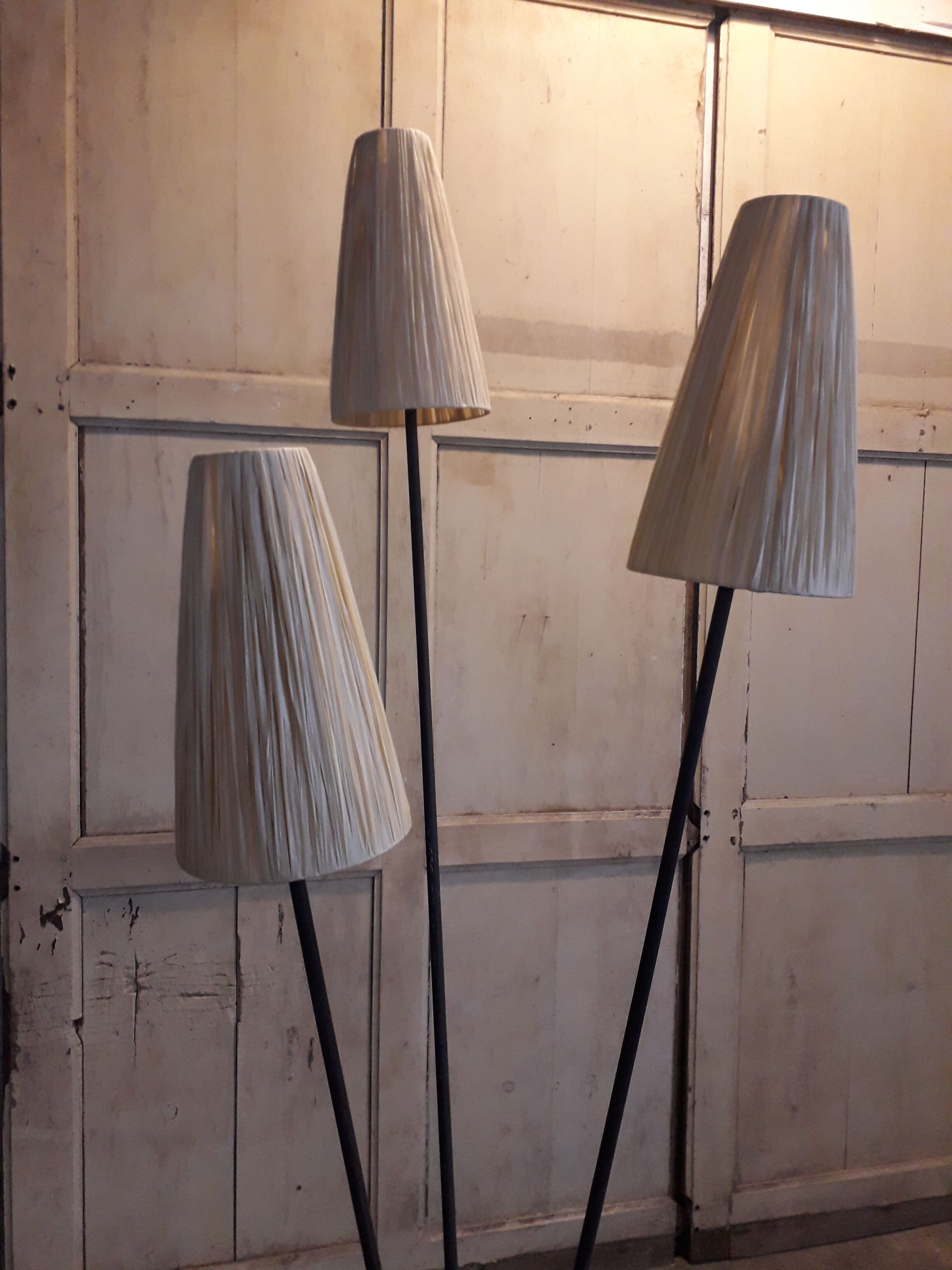 Floor lamp 3 branches 1950 in metal and raffia