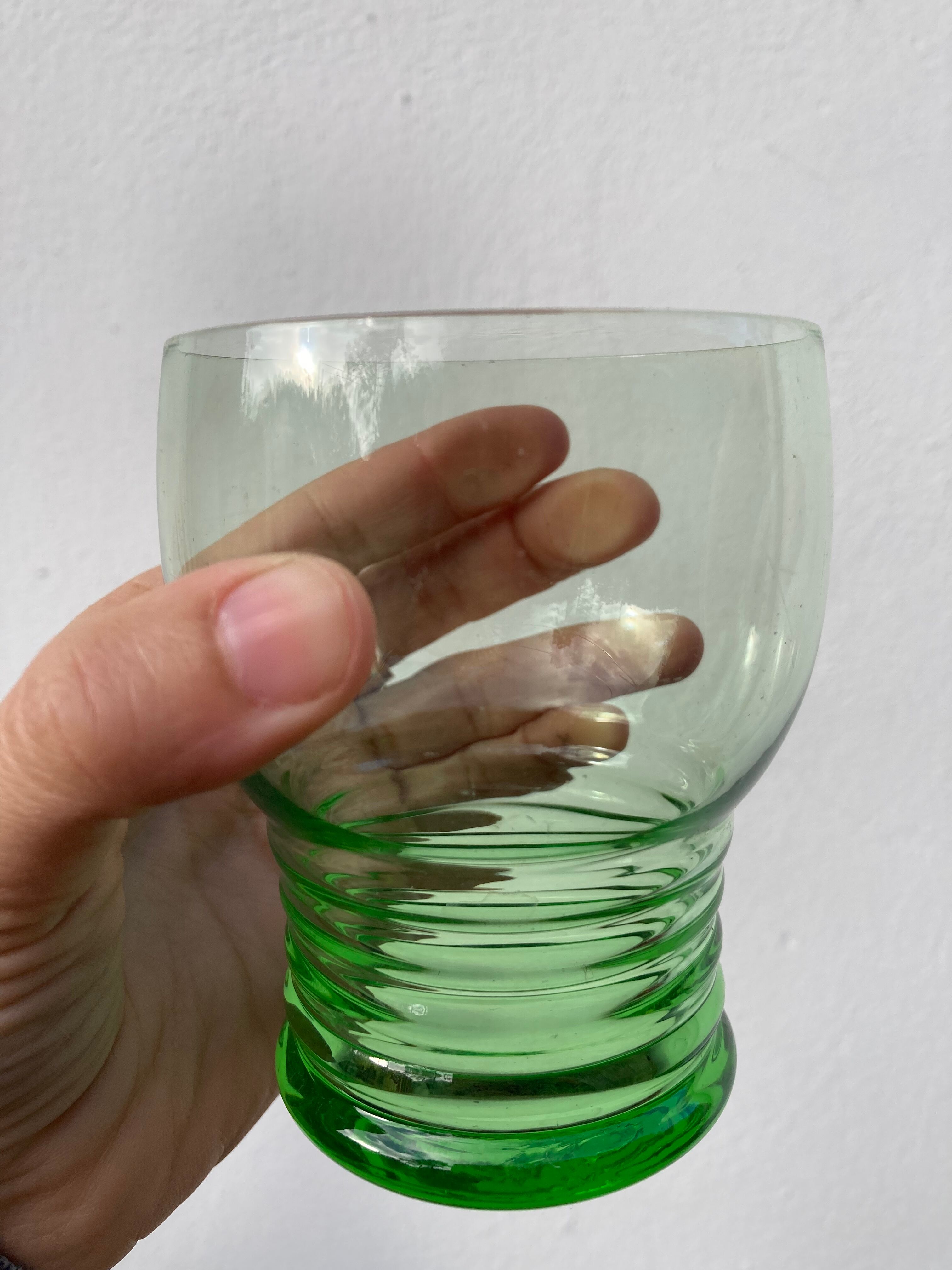 5 vintage green blown glass water glasses