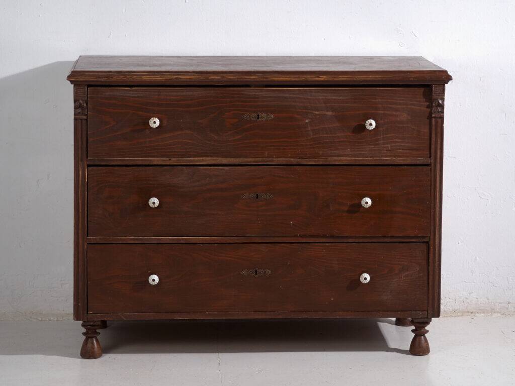 Antique solid pine chest of drawers – European rustic furniture with ceramic handles – circa 1900