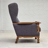 1970s, highback Danish armchair with footstool, furniture wool fabric, oak.