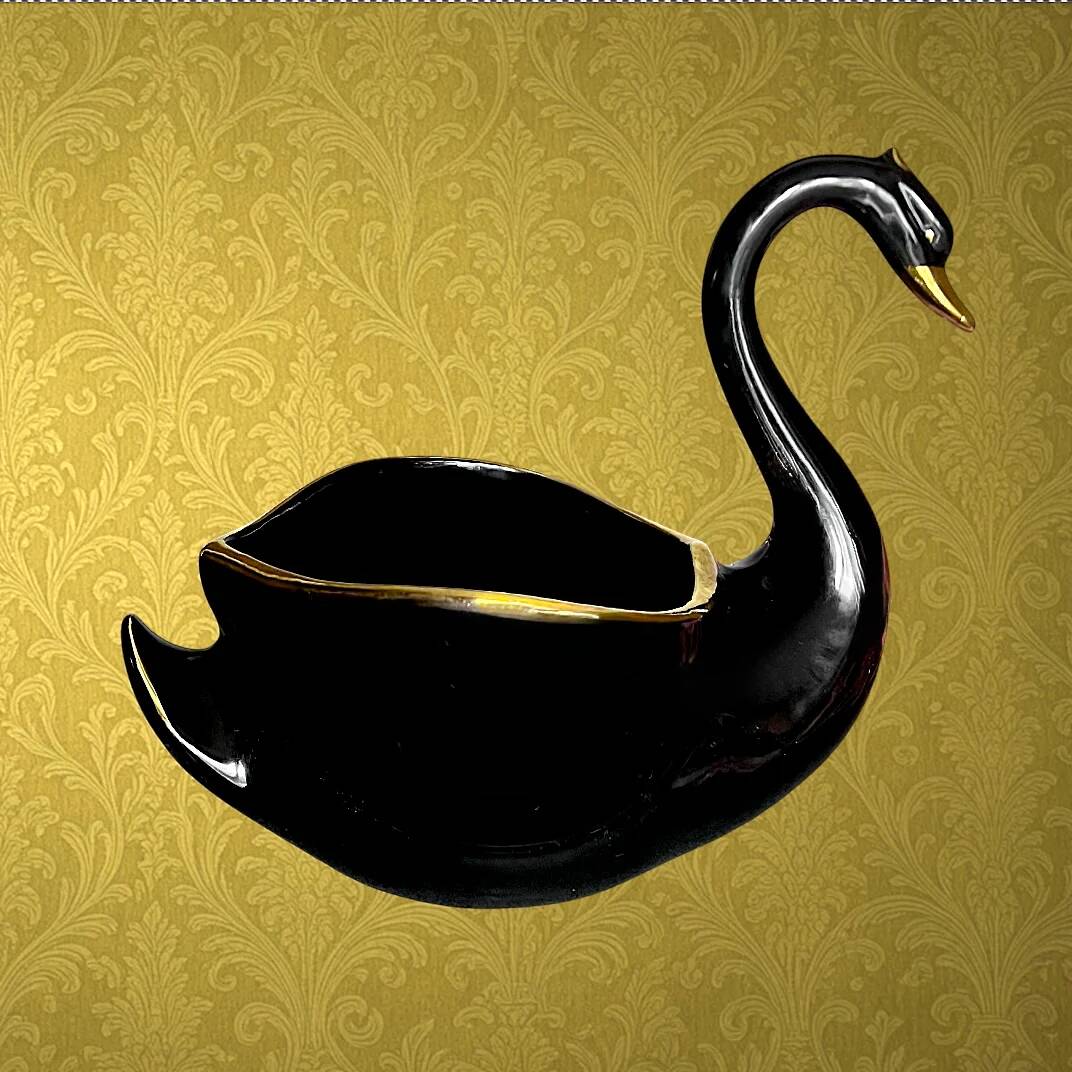 Vintage black and gold ceramic swan vase from the 1960s.