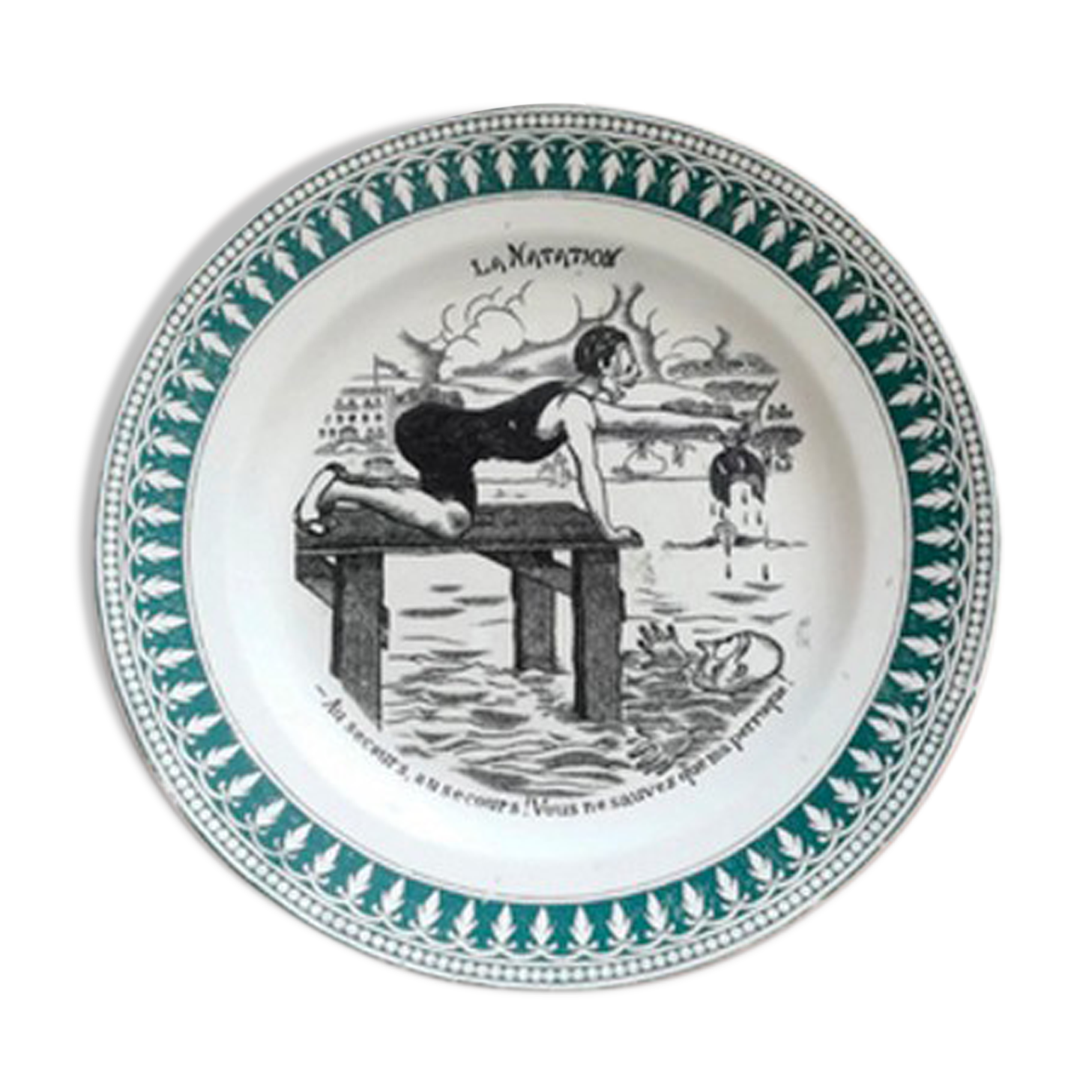 Old vintage dessert plate with drawing and phrase "swimming"