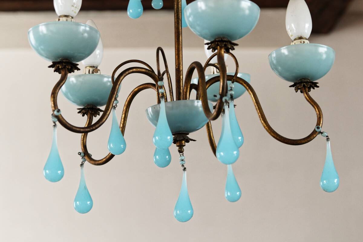 5-light chandelier in brass and blue opaline, 1950s