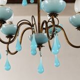 Lustre 5 feux en laiton et opaline bleue, années 50