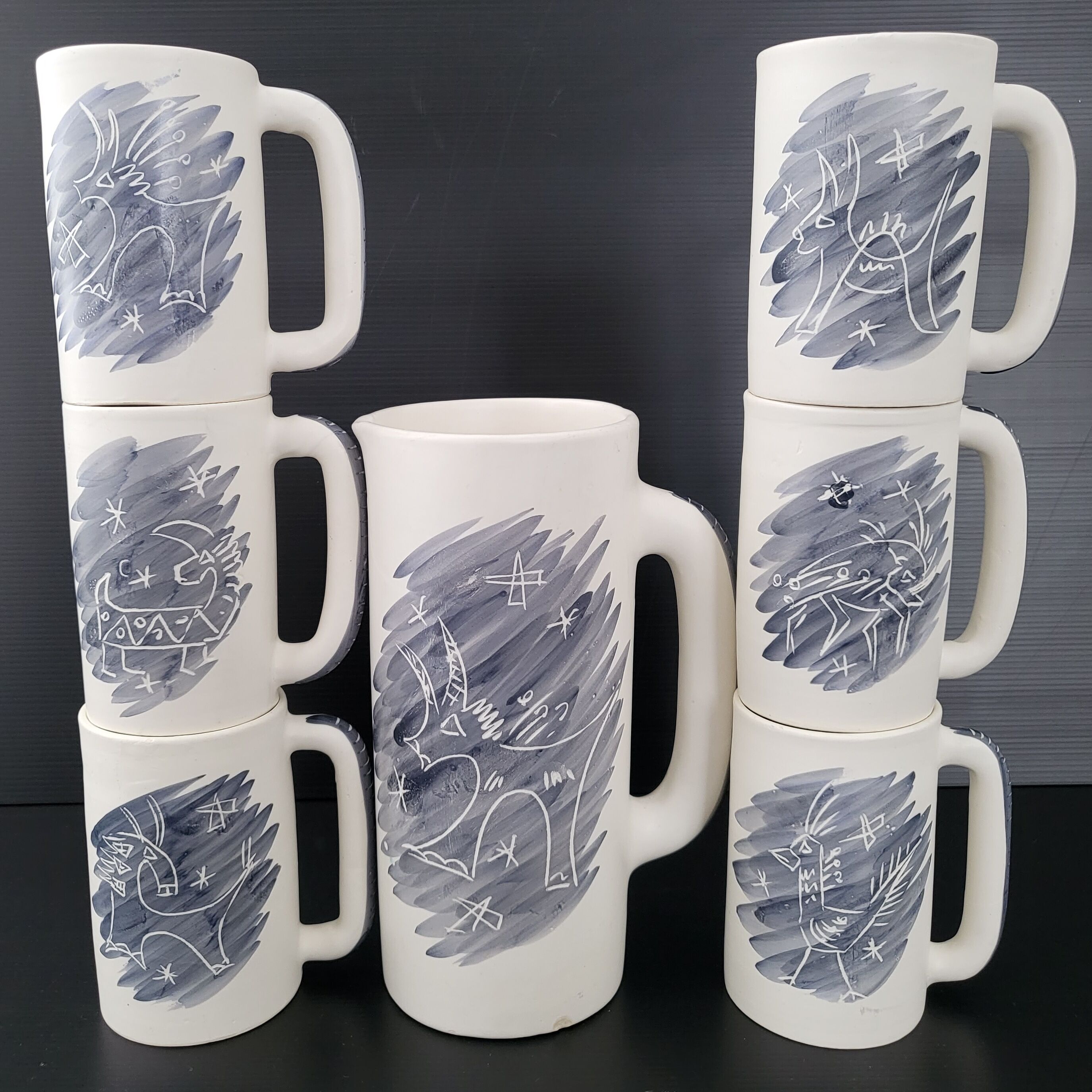 Pitcher and 6 vintage mugs 1950