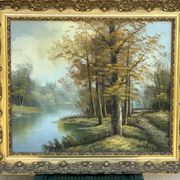 Oil on canvas, lakeside landscape with a signature to be identified.